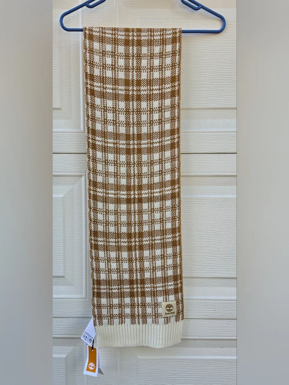 NWT Timberland Plaid Knit Scarf Wheat Brown Cream Checkered Logo Patch OS